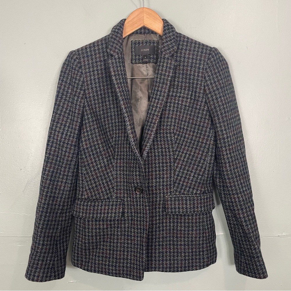 J.Crew Regent 100% Wool‎ Blazer Jacket Houndstooth Olive Amber Women Sz 2